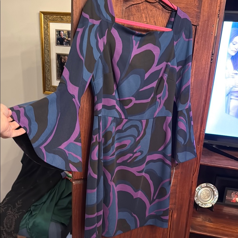 Trina Turk Purple and Blue Asymmetrical Bell Sleeve Sundress